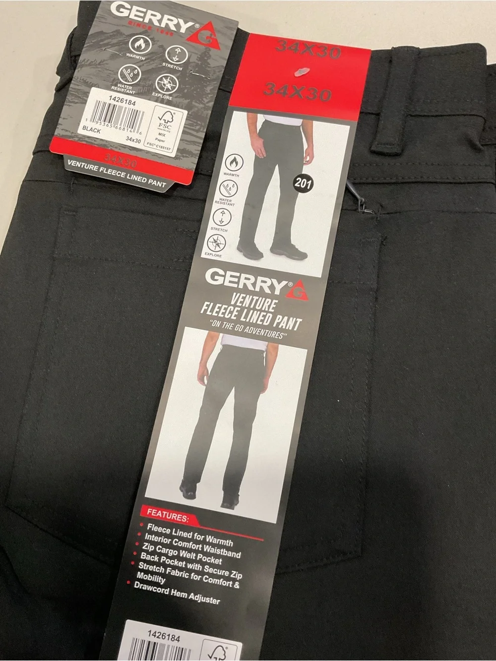 Gerry Mens Venture Fleece Lined Pants Black Water Resistant Stretch 34x30